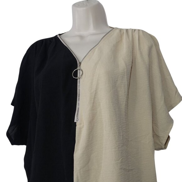 Shein Black Beige Color Block V-Neck Zipper Top Women Size M US 6 Short Sleeves - Picture 2 of 7